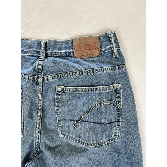 Guess Jeans Mens 30 Blue Distressed Straight Leg Denim Vintage Style Y2K 2000s - Picture 11 of 12